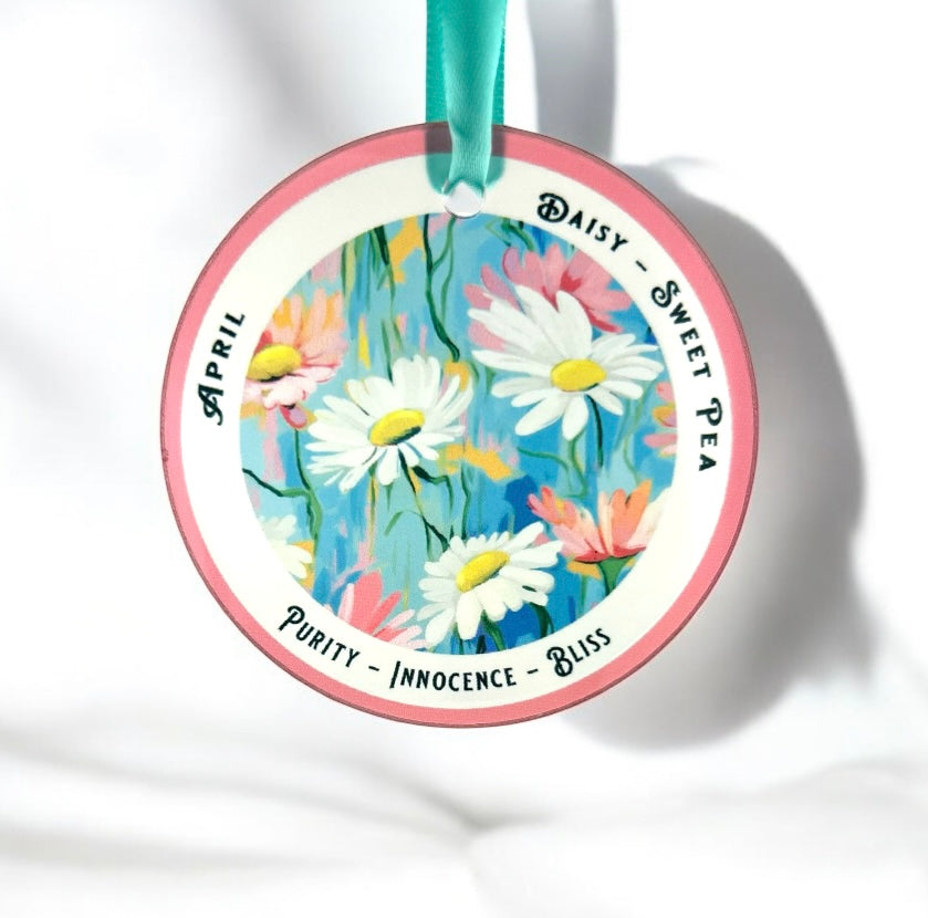 Daisy and sweet pea birth flowers for April ornament