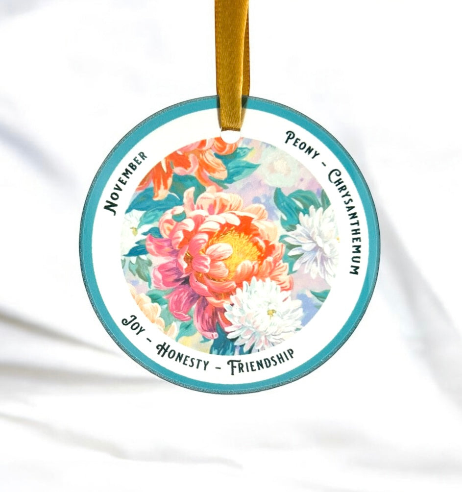 November birth month ornament peony and chrysanthemum