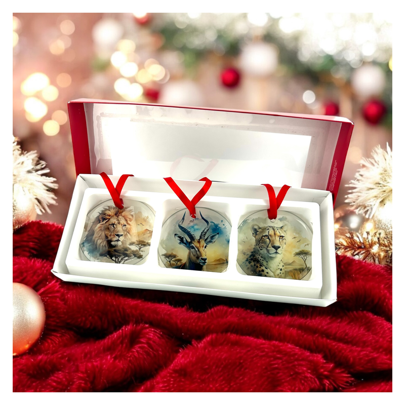 lion antelope and cheetah glass ornaments in a red box set - perfect secret santa gift for African gifts