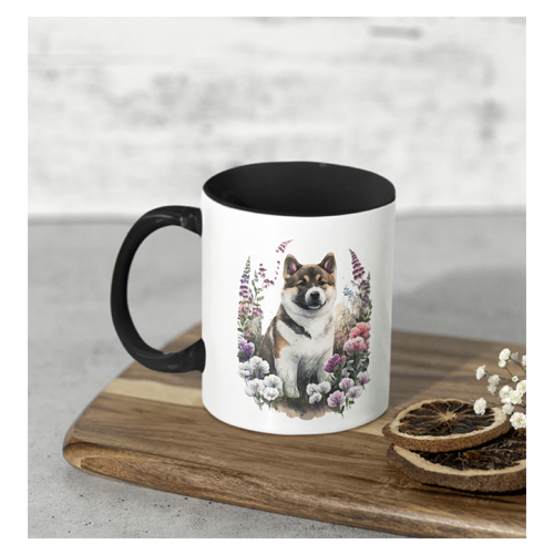 Akita Puppy in Wildflowers Mug – 11 oz Ceramic with Black Handle & Interior