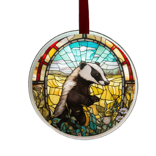 a round stain-glass looking ornament featuring a badger