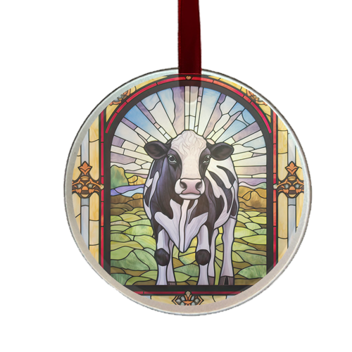A round glass ornament featuring a cow design with a stained glass window-like background, attached to a red ribbon.