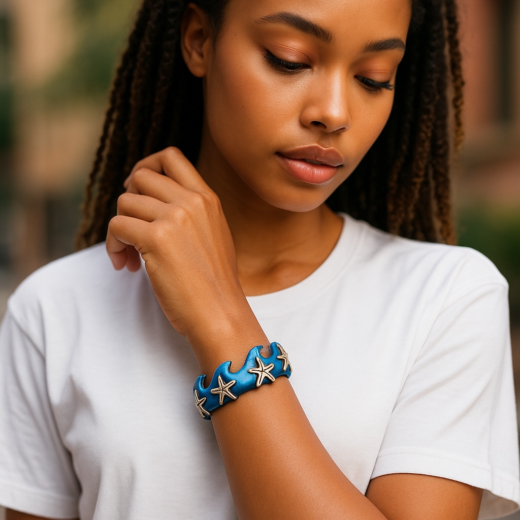 Woman wearing a blue bracelet with starfish designs on her wrist.