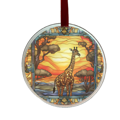 flat glass ornament with stain glass design of giraffe in sunset scene