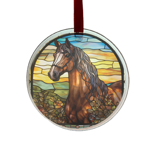 a round ornament with stain glass look and a brown horse with flowing mane.
