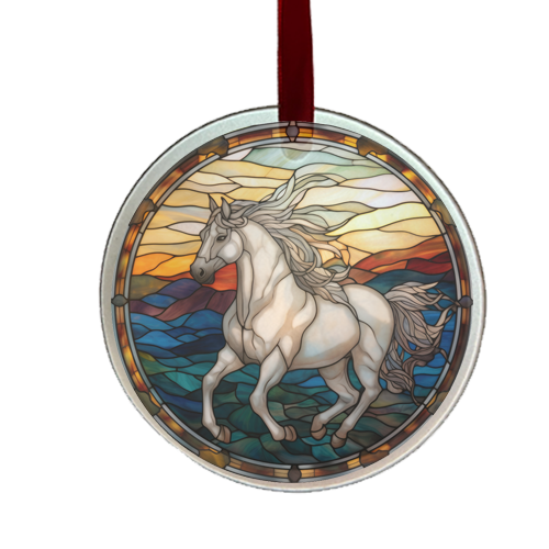 A round glass ornament featuring a white horse design with a rainbow-colored background and a satin ribbon at the top.