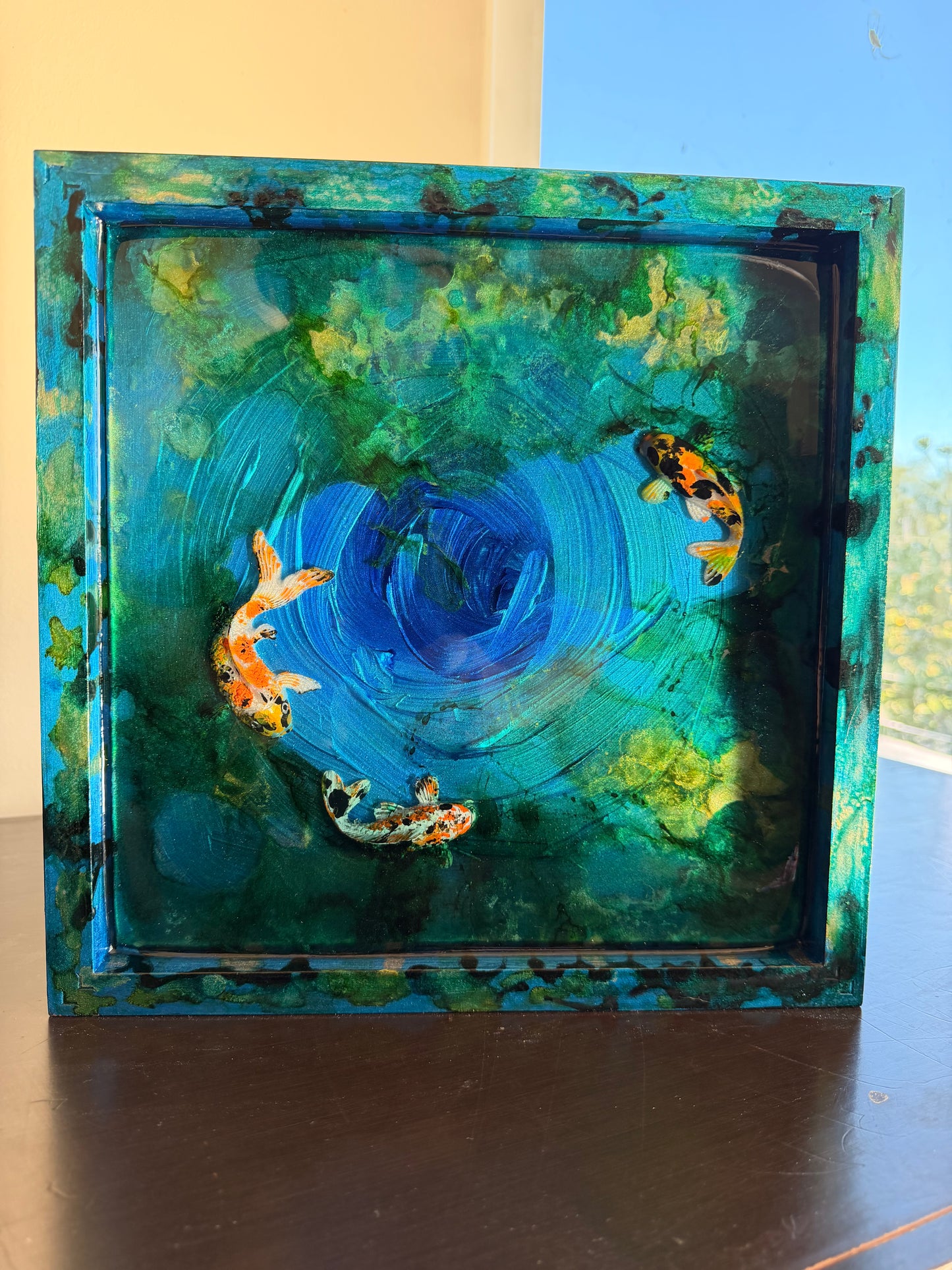 Tranquil Currents | Original Koi Wall Art | Acrylic, Alcohol Ink & Resin on Birch Wood Panel | 12" x 12"