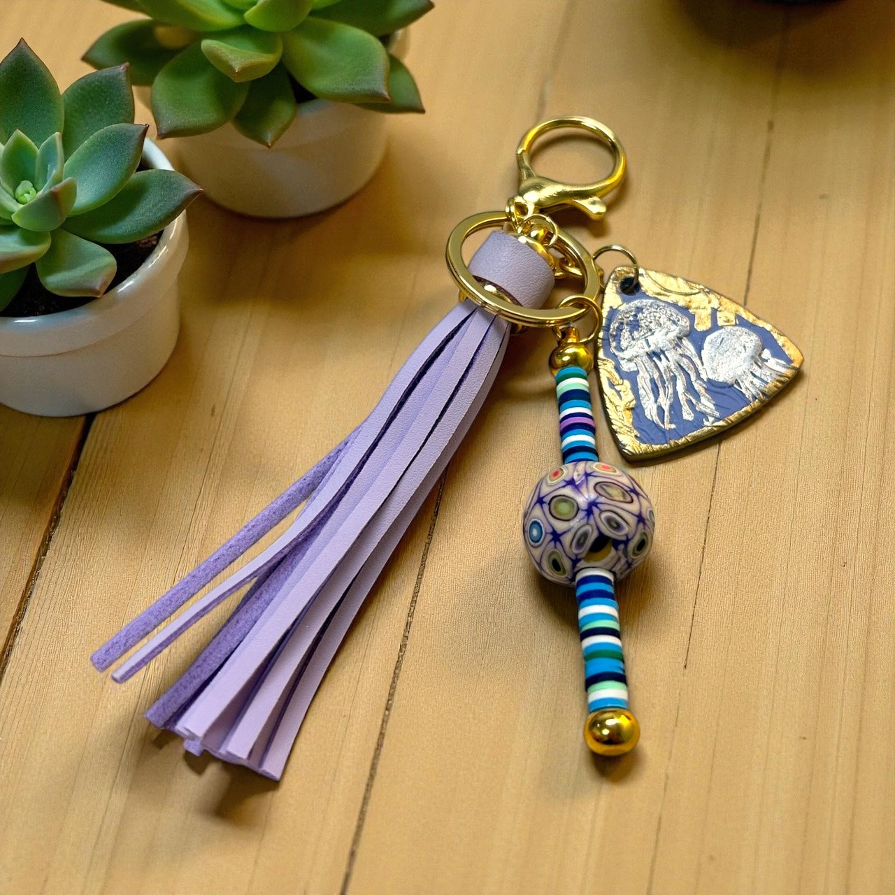 Lavender Jellyfish Bag Charm – Gold Hardware, Polymer Clay Bead & Tassel