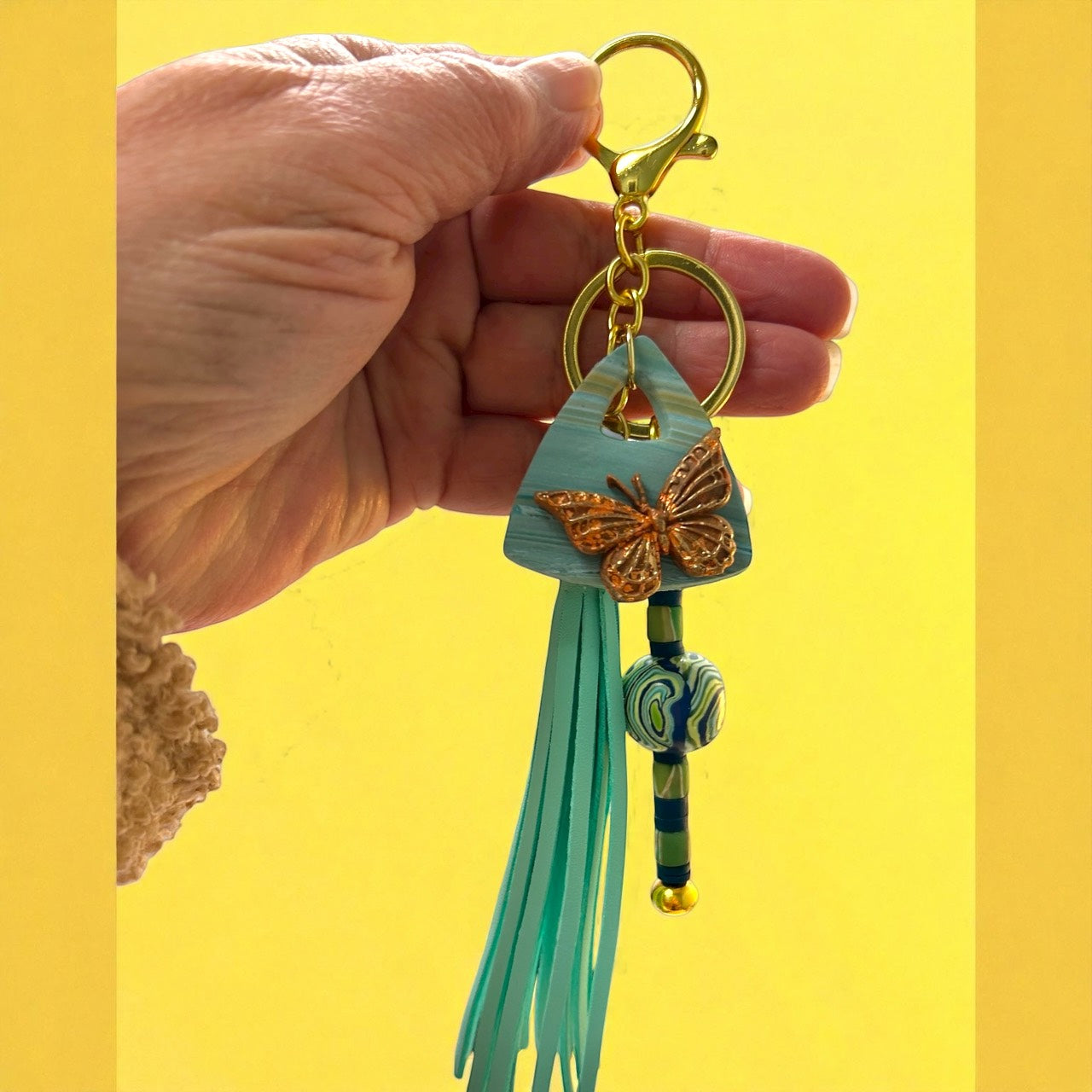 Mint Butterfly Bag Charm – Gold Butterfly Pendant & Polymer Clay Beads