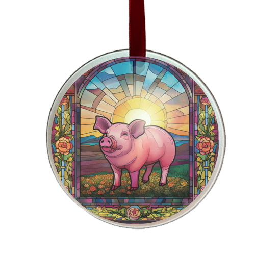 A round glass ornament featuring a colorful illustration of a pig in a field with a backdrop of a sun and flowers, finished with a red satin ribbon at the top.
