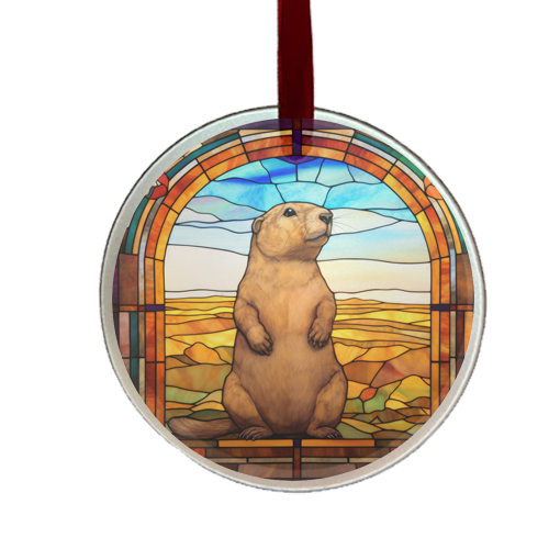 A round glass ornament featuring a stained glass window design with a prairie dog in the center, surrounded by a colorful array of blue, orange, and yellow glass.