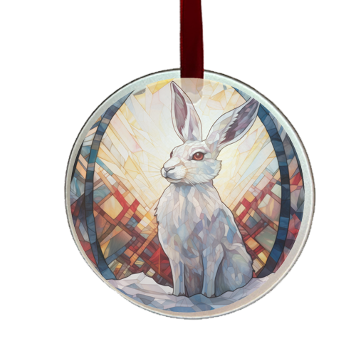 A round glass ornament featuring a stained glass design with a white rabbit in the center, surrounded by multicolored patterns and a red ribbon at the top.