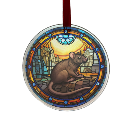 A round glass ornament featuring a stained glass window-like design with a depiction of a rat sitting on a rock, surrounded by a colorful array of blue and red glass shards.