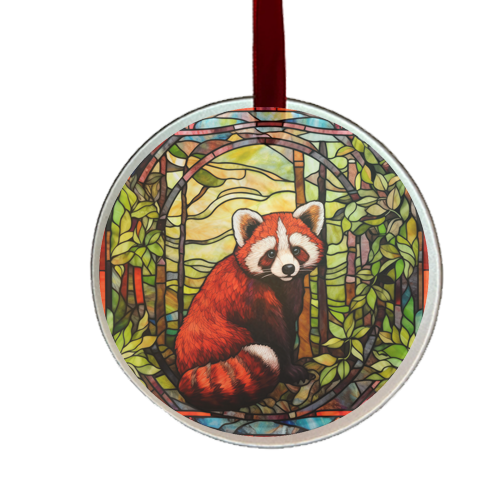 A round glass ornament featuring a red panda in a forest environment with a colorful backdrop.
