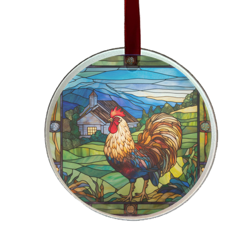 A round glass ornament featuring a colorful stained glass design of a rooster in a farm setting, with a red ribbon for hanging.