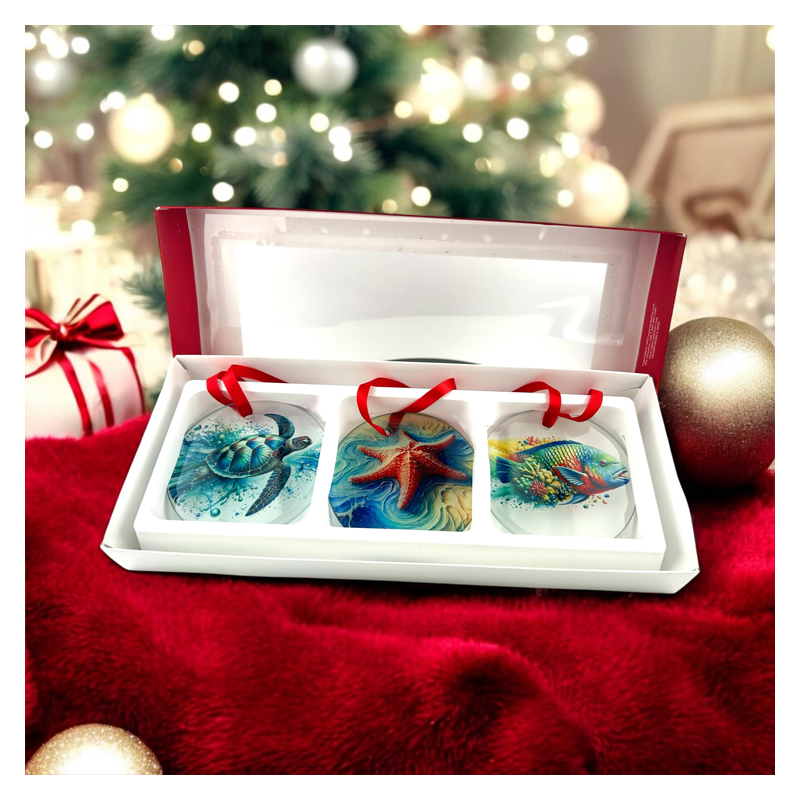 sea turtle starfish and tropical fish ornaments in a gift box - great for secret santas