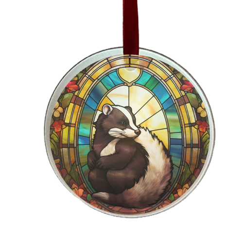 a round stain glass ornament featuring a skunk