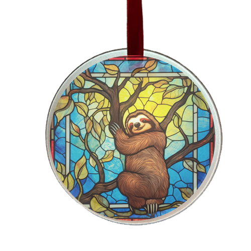 A round glass ornament featuring an illustration of a sloth hanging from a tree, with a stained glass window-like background.