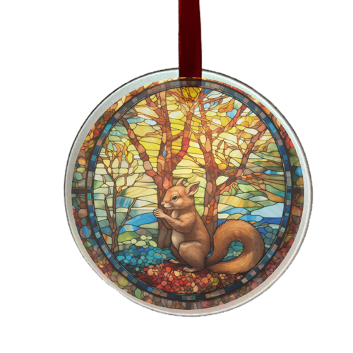 a round stain glass looking ornament featuring a brown squirrel with a colorful tree background