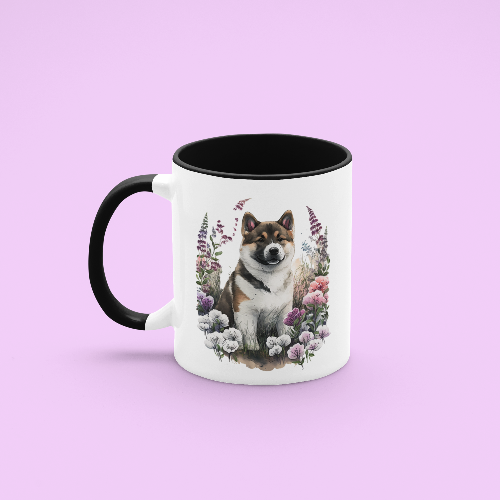 Akita Puppy in Wildflowers Mug – 11 oz Ceramic with Black Handle & Interior