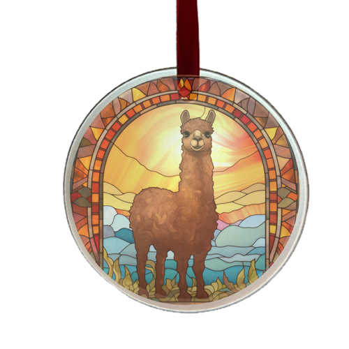 round stain-glass looking ornament with alpaca design and colorful background