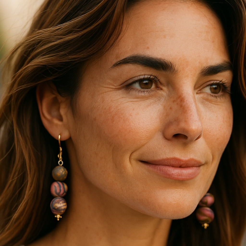 woman wearing polymer clay bead earrings
