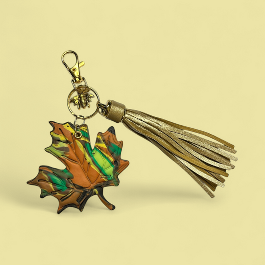 Handcrafted Polymer Clay Leaf Bag Charm – Mokume Gane Fall Colors with Gold Tassel