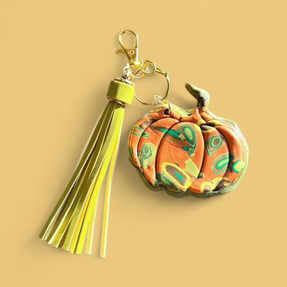 Handcrafted Pumpkin Bag Charm with Leather Tassel – Mokume Gane Polymer Clay Art