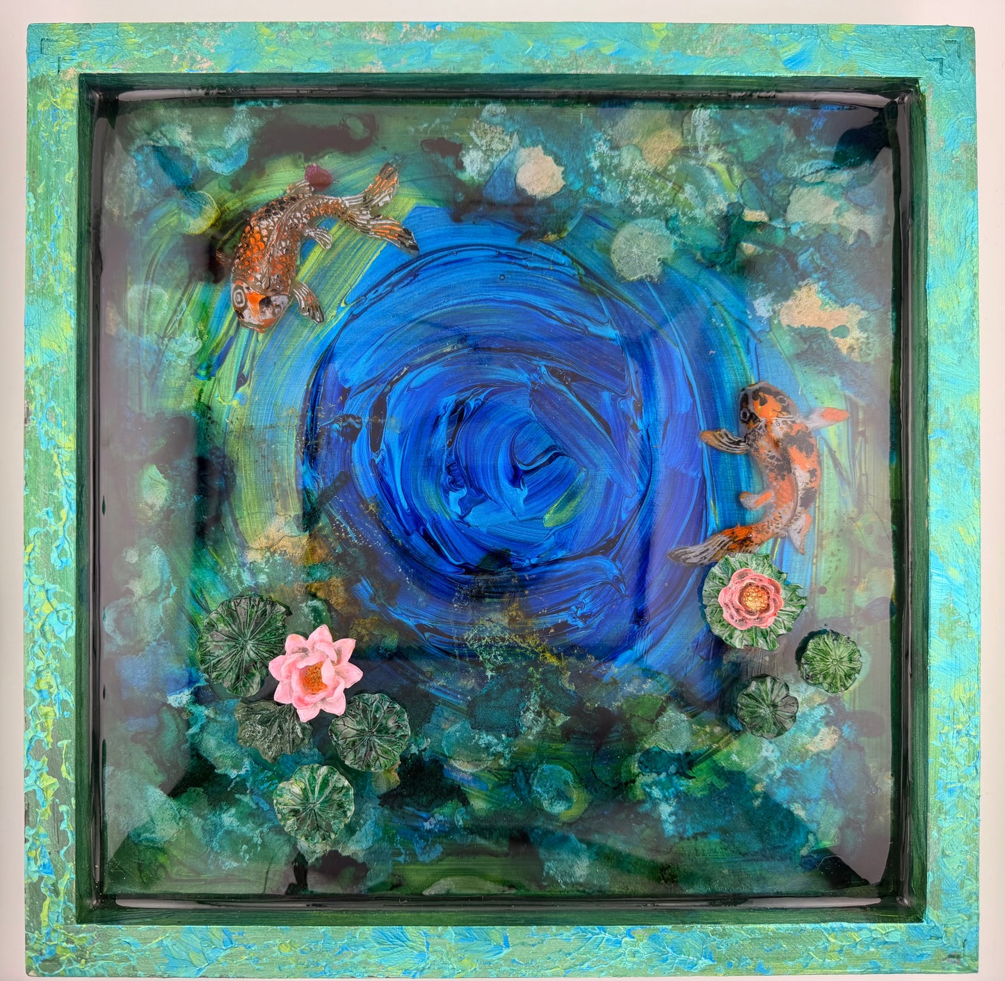 Serenity Pond | Original Koi & Water Lily Wall Art | Mixed Media Resin Painting | 12" x 12"