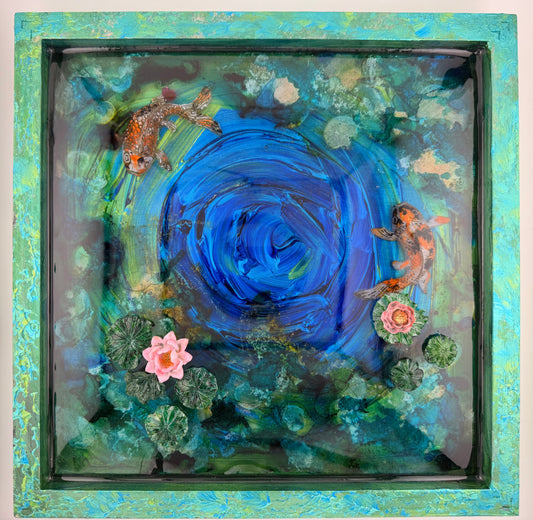 Serenity Pond | Original Koi & Water Lily Wall Art | Mixed Media Resin Painting | 12" x 12"