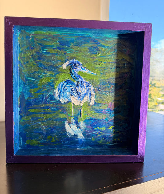 Silent Watcher | Original Blue Heron Painting | Acrylic on Birch Wood Panel | 12" x 12"