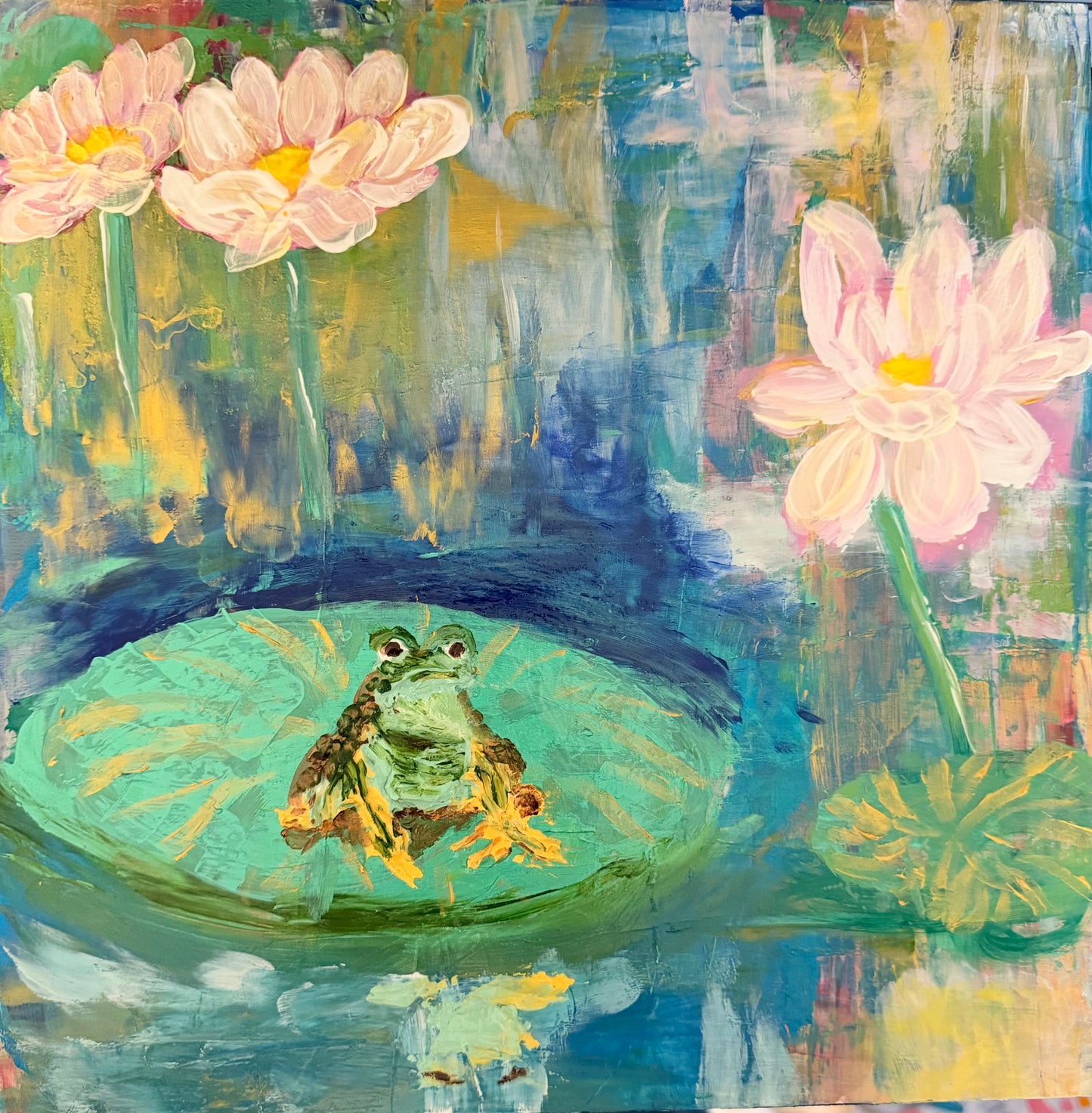 Leap of Stillness | Original Mixed Media Frog Painting on Birch Wood Panel | 12" x 12"