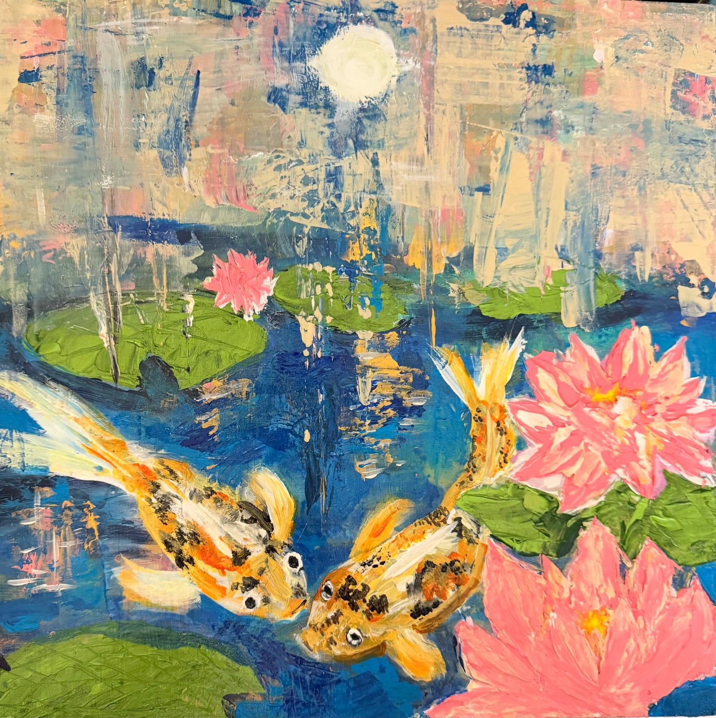 Moonlit Reflections | Original Mixed Media Koi Painting on Birch Wood Panel | 12" x 12"