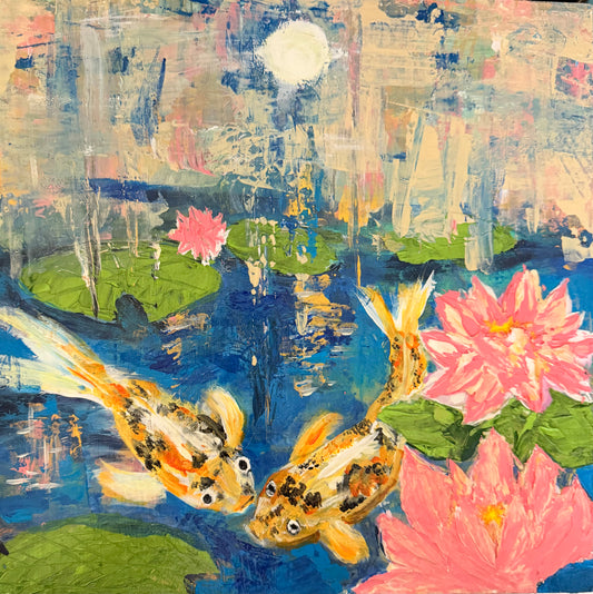 Moonlit Reflections | Original Mixed Media Koi Painting on Birch Wood Panel | 12" x 12"