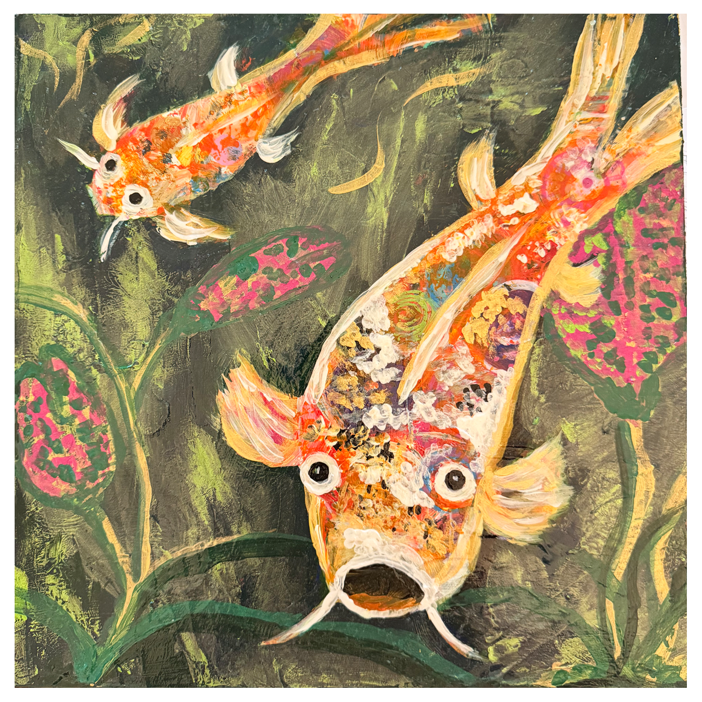 Curious Koi – Original 12" x 12" Acrylic Painting on Birchwood
