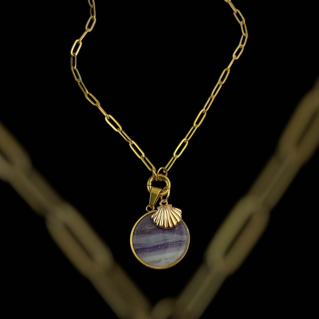 paperclip necklace with purple polymer clay pendant and gold shell charm
