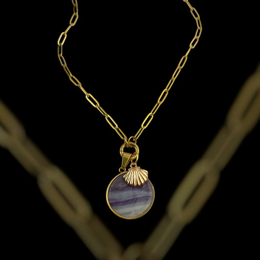 paperclip necklace with purple polymer clay pendant and gold shell charm
