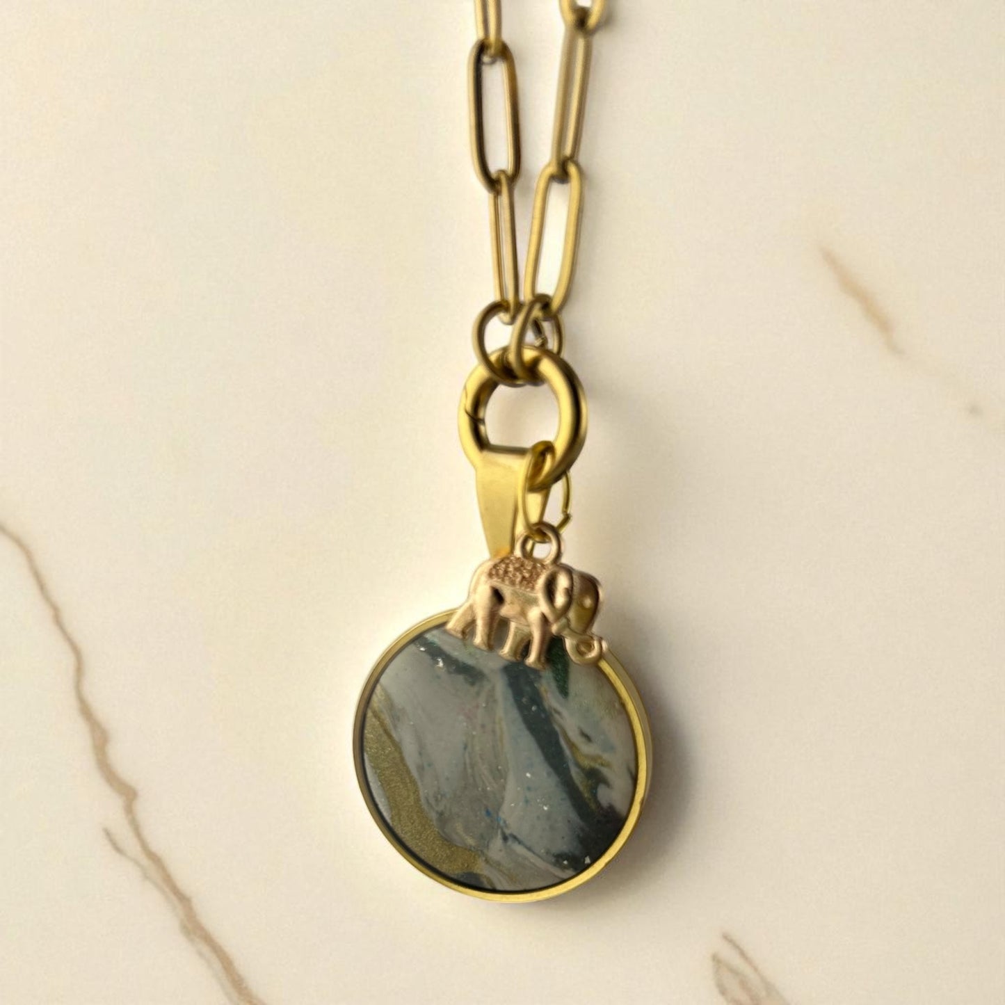 18K Gold PVD Stainless Steel Paperclip Charm Keeper Necklace with Polymer Clay Pendant