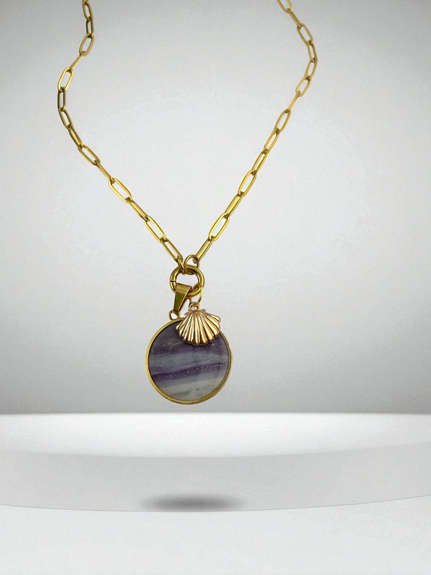 18K Gold PVD Stainless Steel Paperclip Charm Keeper Necklace with Polymer Clay Pendant