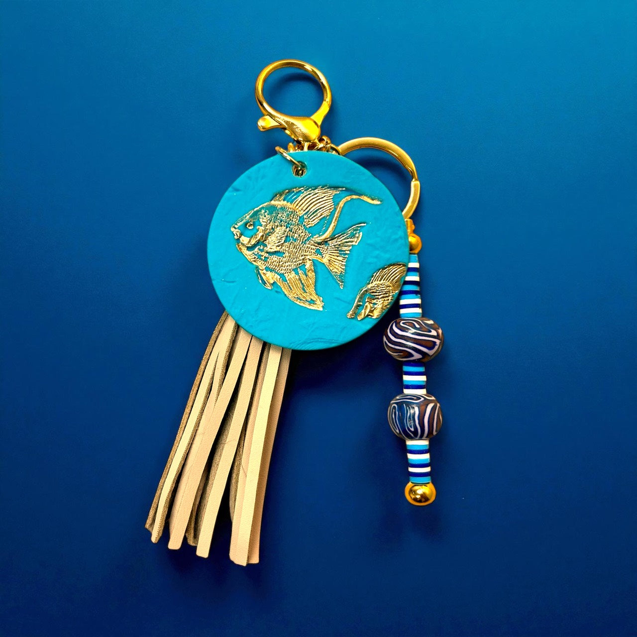 Handcrafted Teal Angelfish Bag Charm – Gold Accent Pendant with Ocean Beads