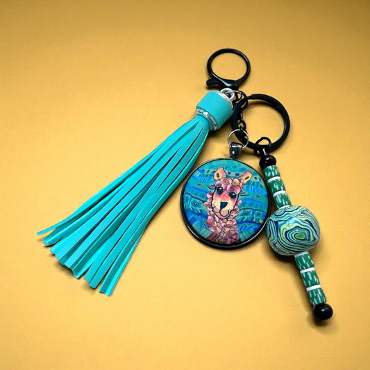 Handcrafted Alpaca Bag Charm with Teal Tassel – Polymer Clay Beads & Art Pendant