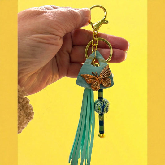 Mint Butterfly Bag Charm – Gold Butterfly Pendant & Polymer Clay Beads