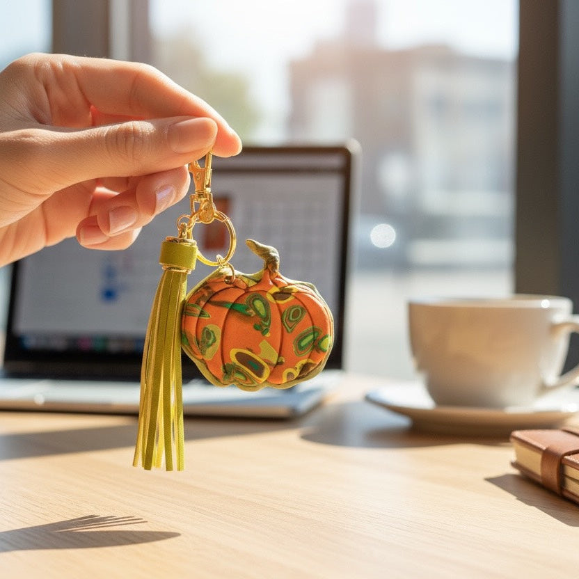 Handcrafted Pumpkin Bag Charm with Leather Tassel – Mokume Gane Polymer Clay Art